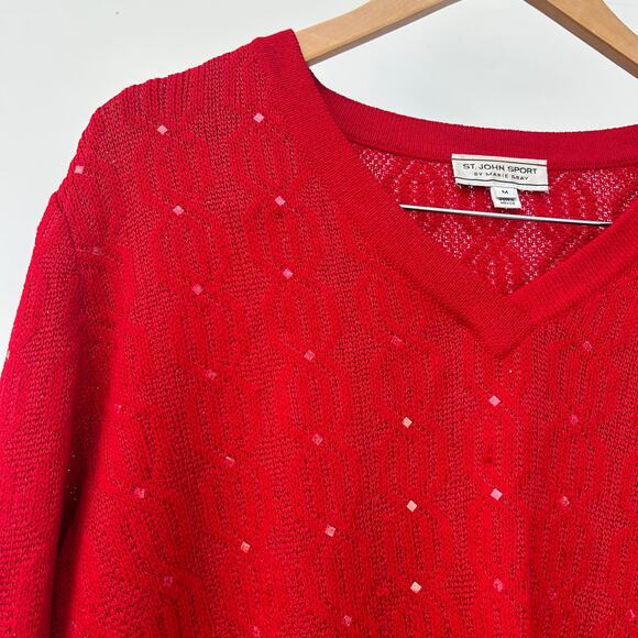 St. John Sport Red V-Neck Sequin Wool Sweater Medium Sparkle Knit Pullover - Picture 7 of 13